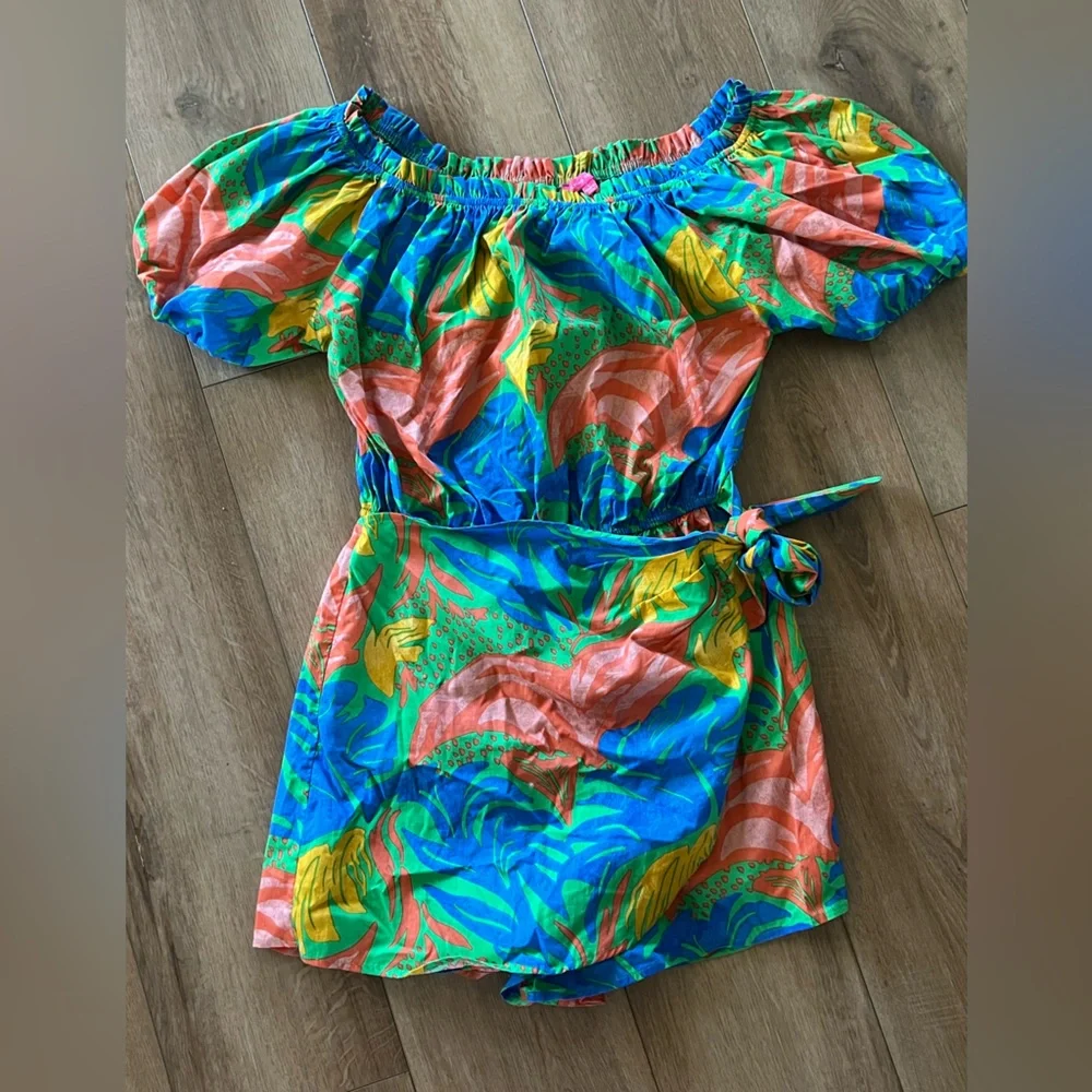Flying Tomato Multicolor Patterned Off the Shoulder Romper with Wrap Skirt Large - Picture 1 of 7